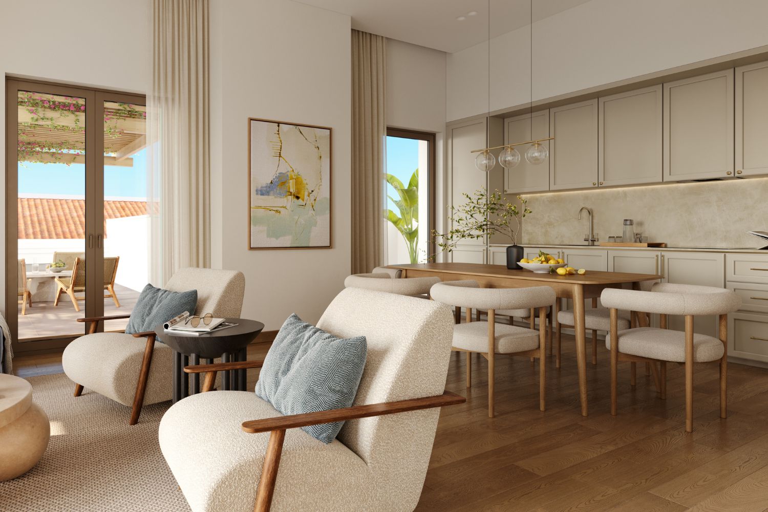Open-plan Mirta residence interior with kitchen and dining area