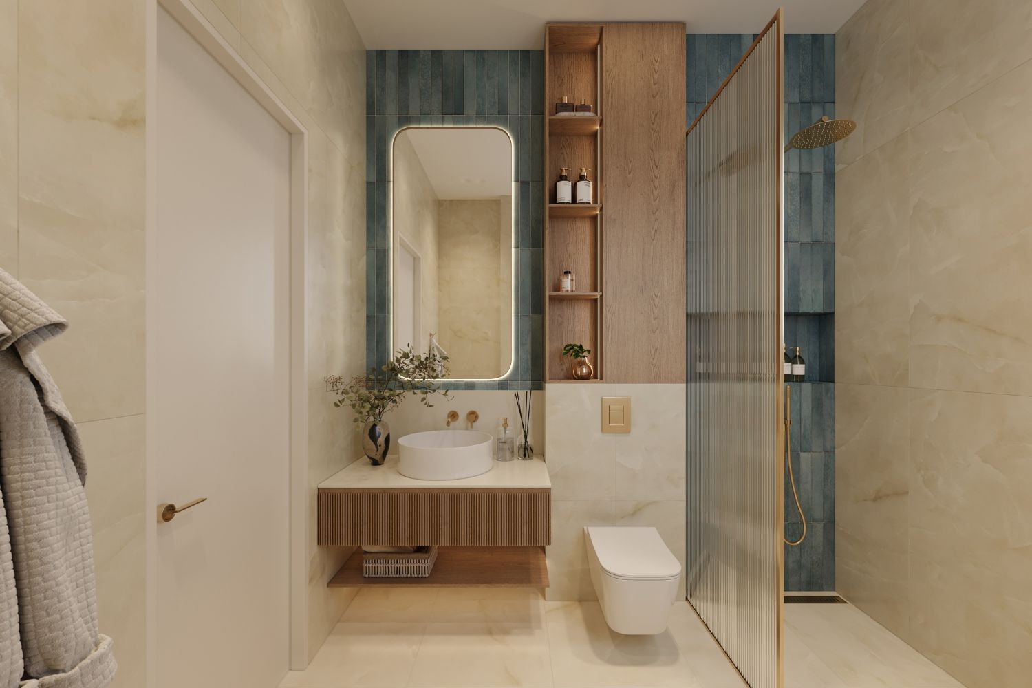Mirta residence bathroom with stone finishes and walk-in shower